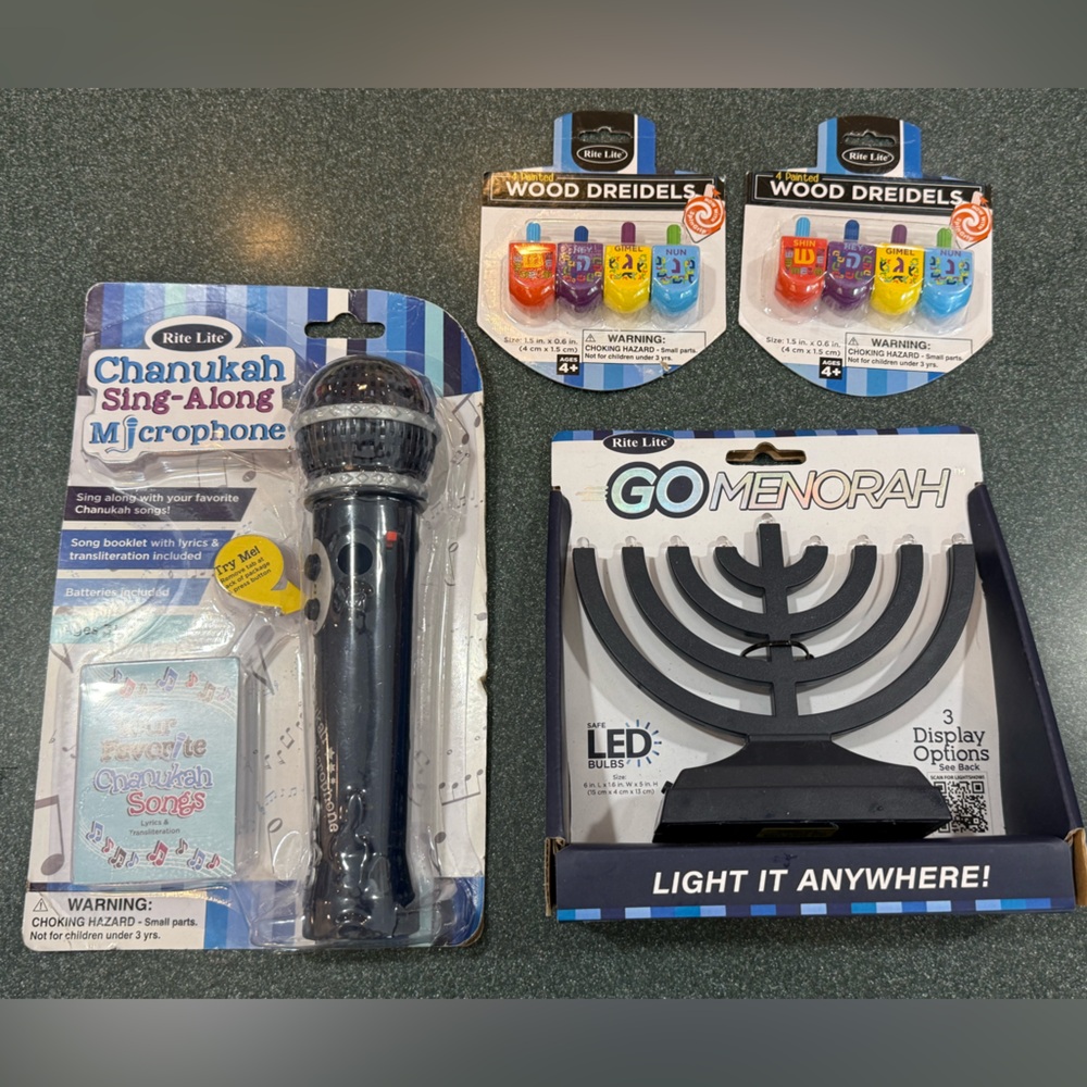 Rite Lite Go Menorah “led”, Chanukah sing along microphone & 8 wood dreidels new